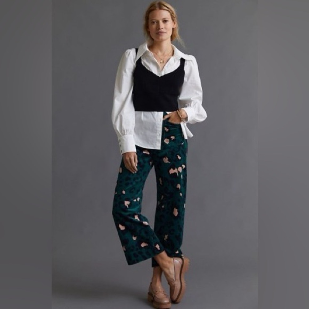 Anthropologie Maeve Colette Cropped Wide-Leg Corduroy Green animal print Pants